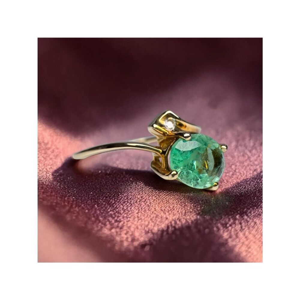 10K Gold- Natural Colombian Emerald & Diamond Ring -Size 8 -1ct Bypass Ring 2.2g - Picture 6 of 16